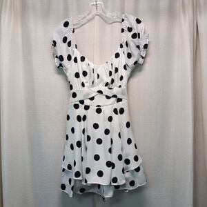 Allison + Kelly White Black Polka Dot Ruffle Sleeve Tie Back Romper Dress Satin